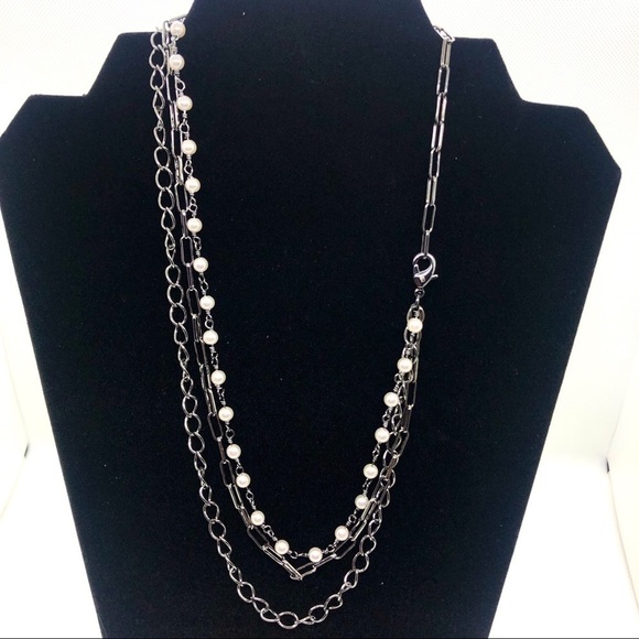Messy Layered Pearl Necklace Gunmetal Black Rhodium Plated Sterling Silver - Picture 4 of 8